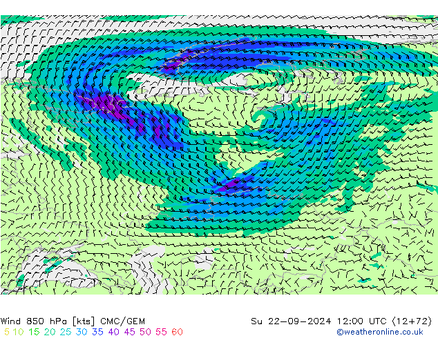 Wind 850 hPa CMC/GEM zo 22.09.2024 12 UTC