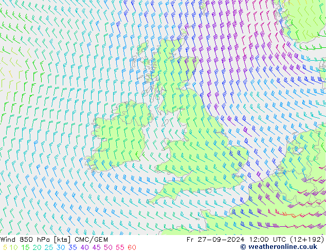 Rüzgar 850 hPa CMC/GEM Cu 27.09.2024 12 UTC