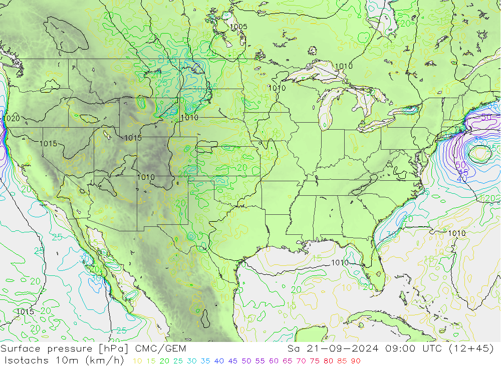 Isotachen (km/h) CMC/GEM Sa 21.09.2024 09 UTC