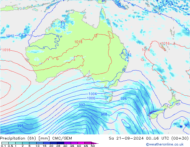 Precipitazione (6h) CMC/GEM sab 21.09.2024 06 UTC