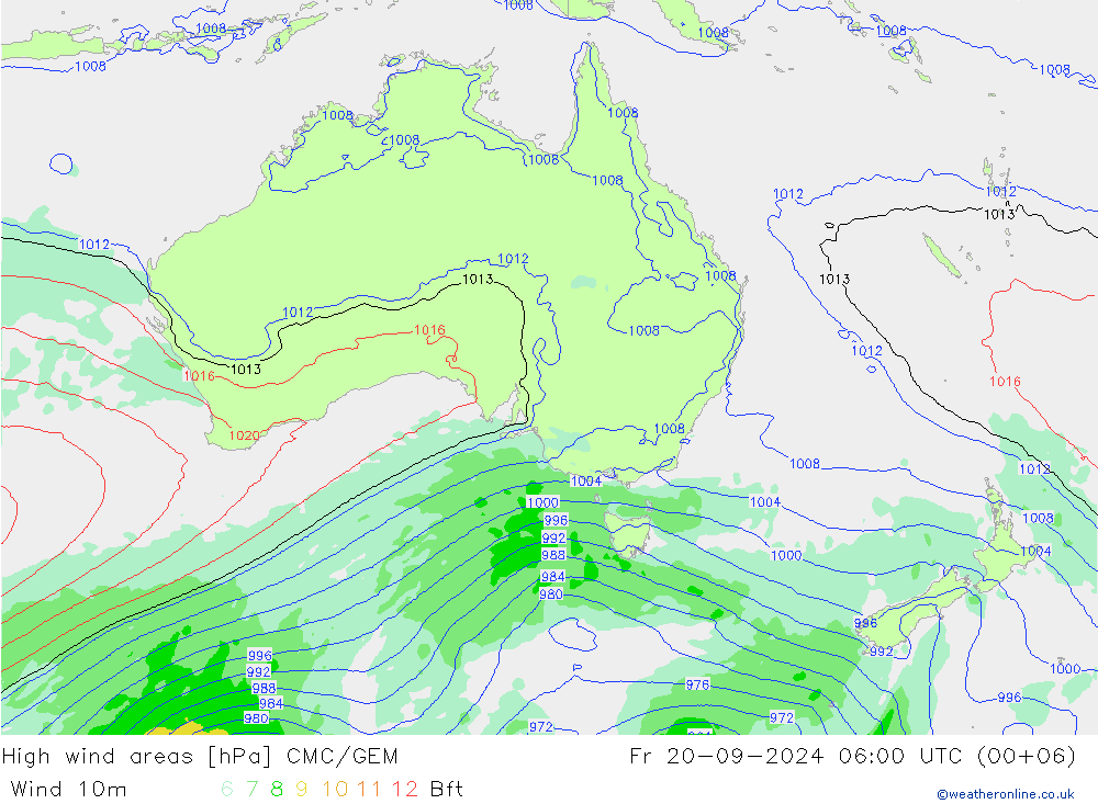 High wind areas CMC/GEM Fr 20.09.2024 06 UTC