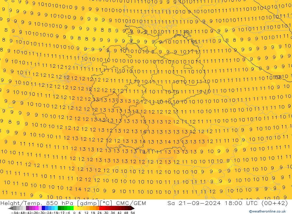 Height/Temp. 850 гПа CMC/GEM сб 21.09.2024 18 UTC