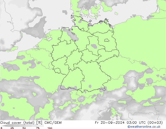 Cloud cover (total) CMC/GEM Fr 20.09.2024 03 UTC