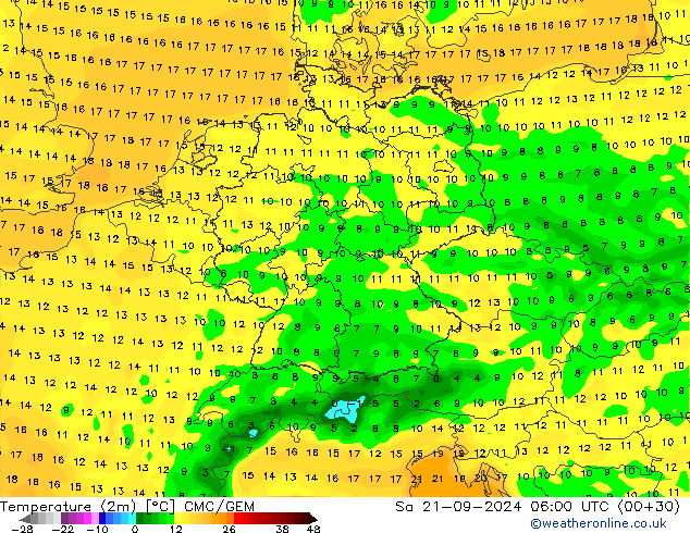 Temperaturkarte (2m) CMC/GEM Sa 21.09.2024 06 UTC