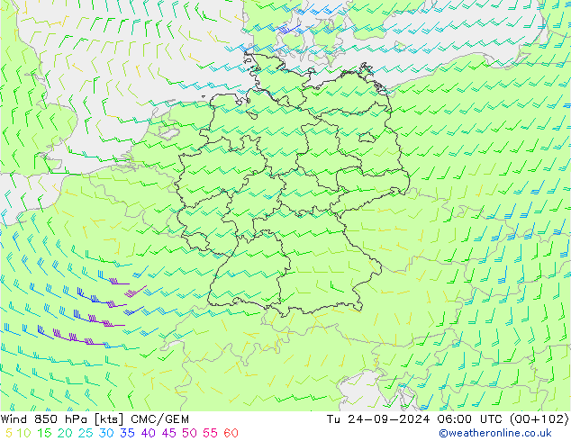 wiatr 850 hPa CMC/GEM wto. 24.09.2024 06 UTC