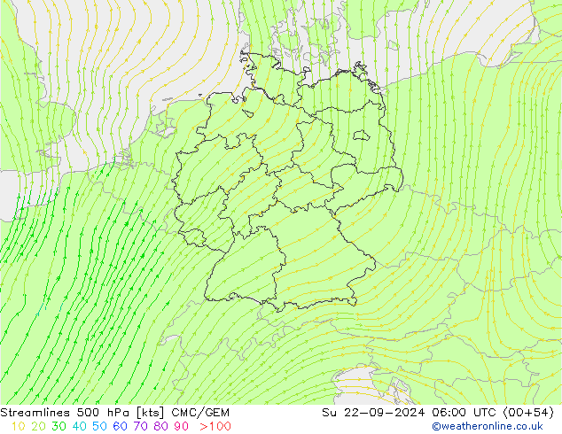 Linea di flusso 500 hPa CMC/GEM dom 22.09.2024 06 UTC