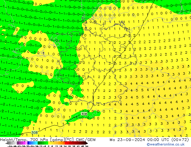 Height/Temp. 700 hPa CMC/GEM lun 23.09.2024 00 UTC