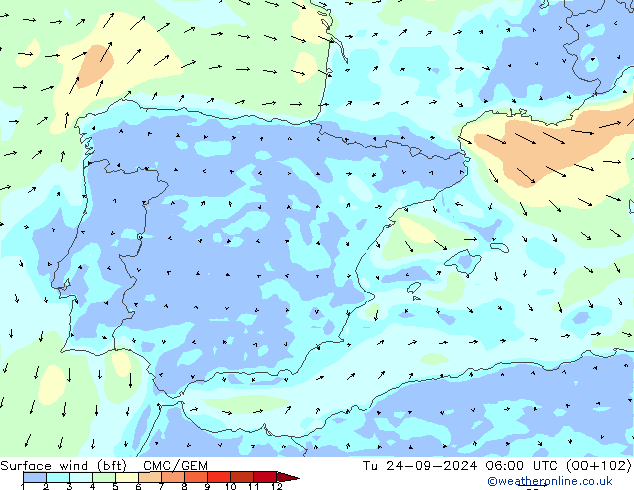 Viento 10 m (bft) CMC/GEM mar 24.09.2024 06 UTC