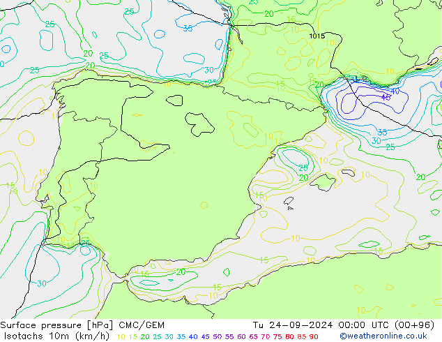 Eşrüzgar Hızları (km/sa) CMC/GEM Sa 24.09.2024 00 UTC