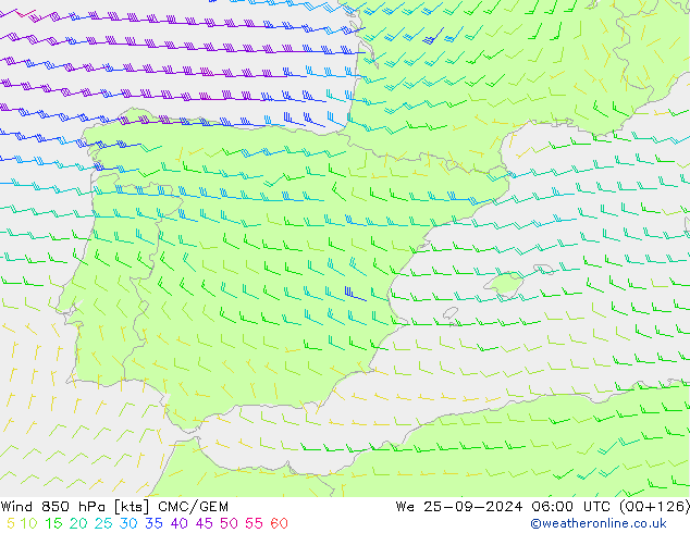 Wind 850 hPa CMC/GEM wo 25.09.2024 06 UTC