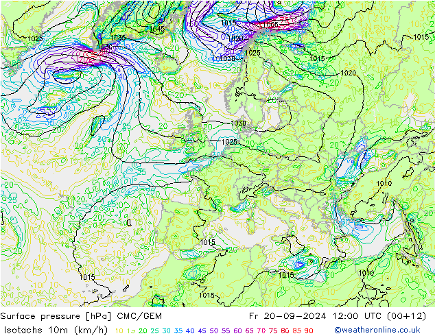 Isotachs (kph) CMC/GEM ven 20.09.2024 12 UTC