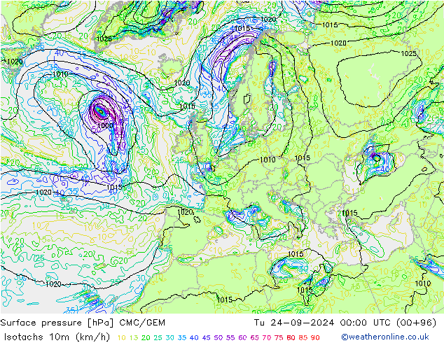 Isotachs (kph) CMC/GEM mar 24.09.2024 00 UTC