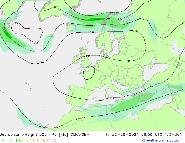 Jet stream/Height 300 hPa CMC/GEM Fr 20.09.2024 06 UTC