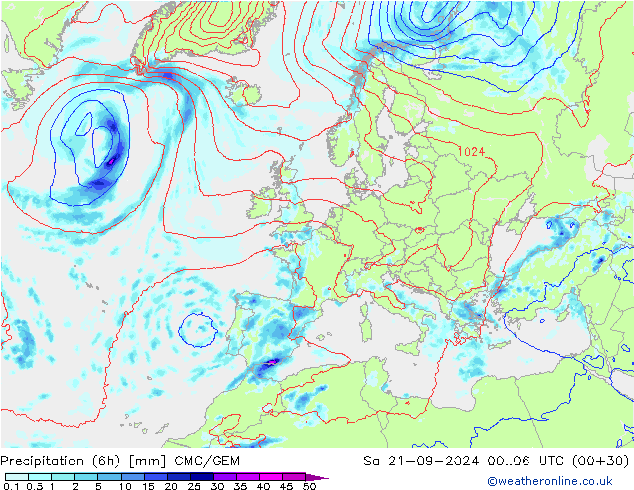 Precipitation (6h) CMC/GEM Sa 21.09.2024 06 UTC