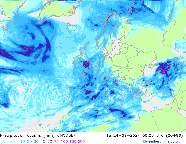 Precipitation accum. CMC/GEM Út 24.09.2024 00 UTC