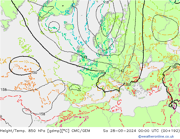 Yükseklik/Sıc. 850 hPa CMC/GEM Cts 28.09.2024 00 UTC