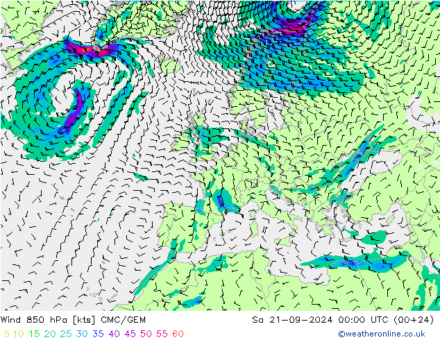 Vent 850 hPa CMC/GEM sam 21.09.2024 00 UTC