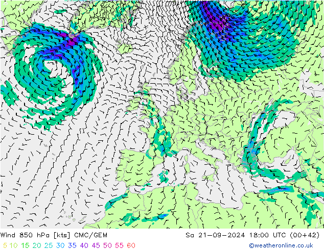 Wind 850 hPa CMC/GEM Sa 21.09.2024 18 UTC