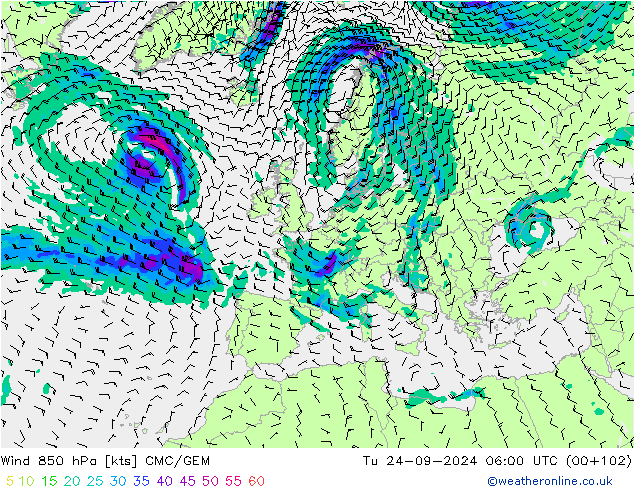 Wind 850 hPa CMC/GEM Tu 24.09.2024 06 UTC