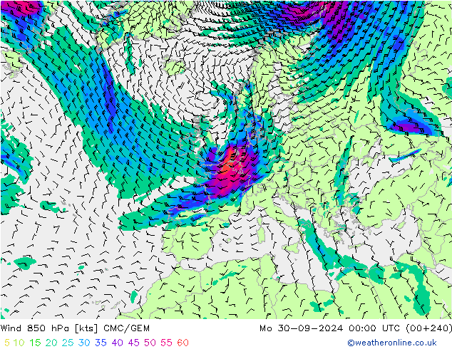 Vento 850 hPa CMC/GEM Seg 30.09.2024 00 UTC