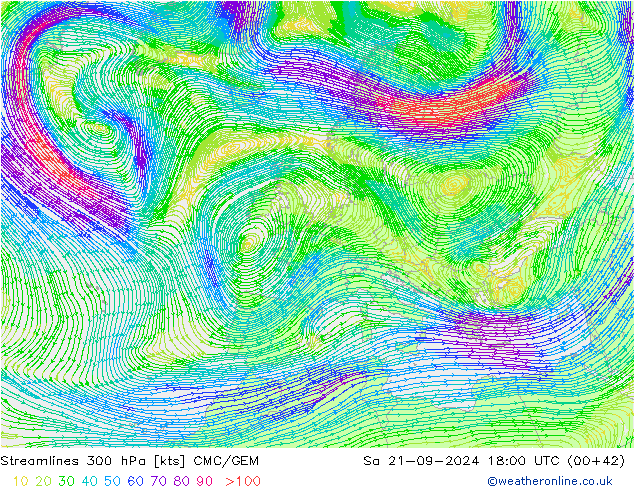 Streamlines 300 hPa CMC/GEM So 21.09.2024 18 UTC