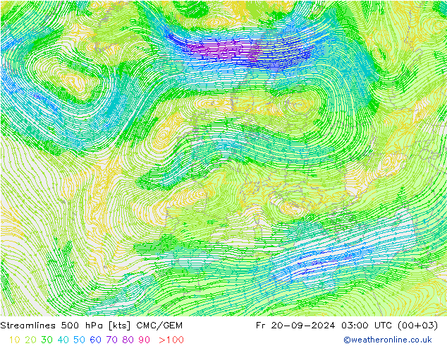 Stromlinien 500 hPa CMC/GEM Fr 20.09.2024 03 UTC