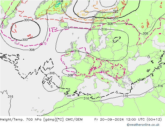 Height/Temp. 700 гПа CMC/GEM пт 20.09.2024 12 UTC