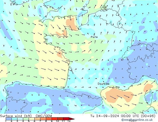 Rüzgar 10 m (bft) CMC/GEM Sa 24.09.2024 00 UTC