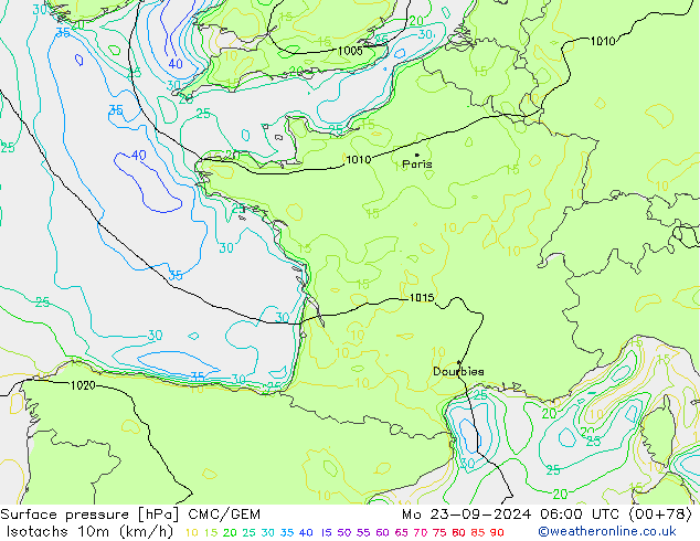 Isotachs (kph) CMC/GEM Mo 23.09.2024 06 UTC