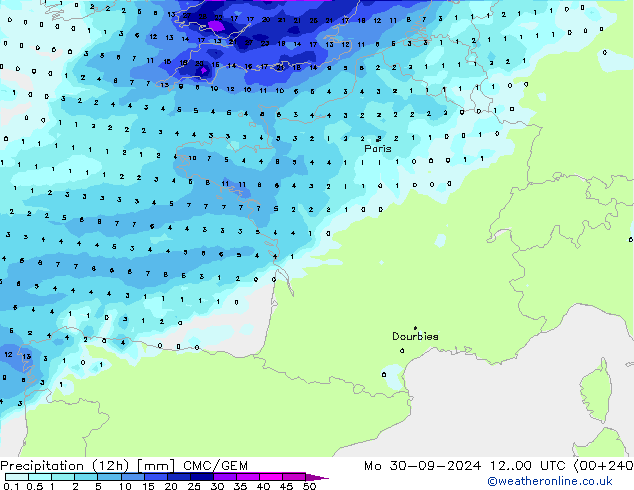 Precipitação (12h) CMC/GEM Seg 30.09.2024 00 UTC