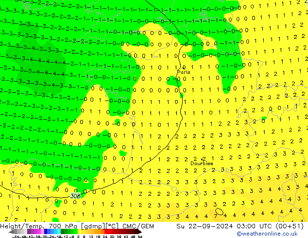 Hoogte/Temp. 700 hPa CMC/GEM zo 22.09.2024 03 UTC