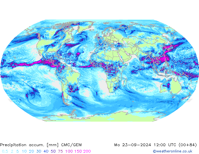 Precipitation accum. CMC/GEM pon. 23.09.2024 12 UTC