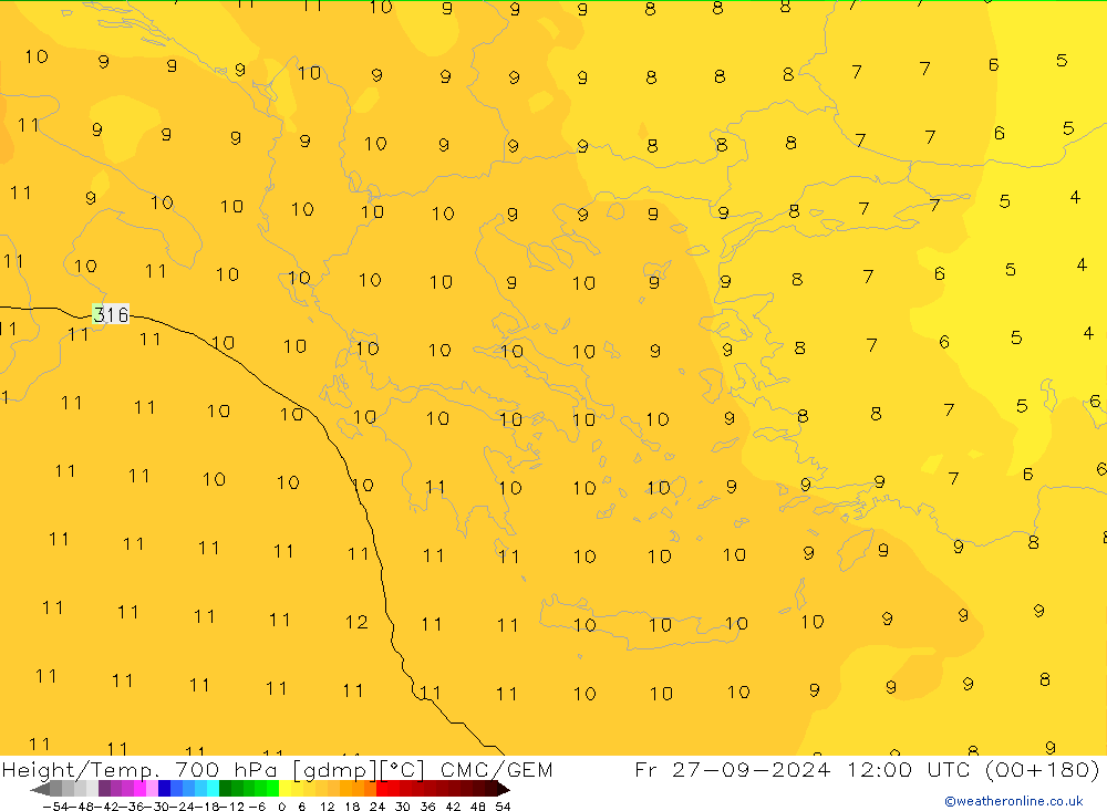 Height/Temp. 700 гПа CMC/GEM пт 27.09.2024 12 UTC