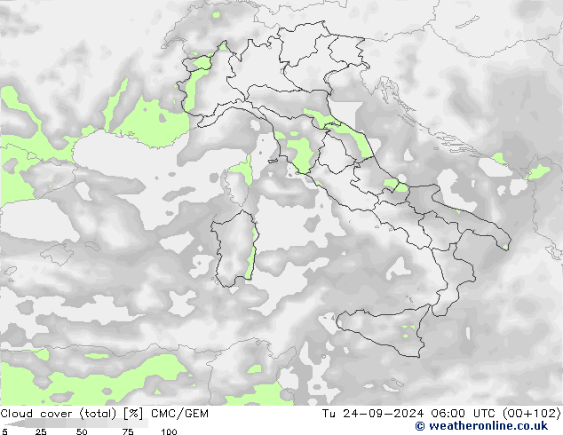 Cloud cover (total) CMC/GEM Út 24.09.2024 06 UTC