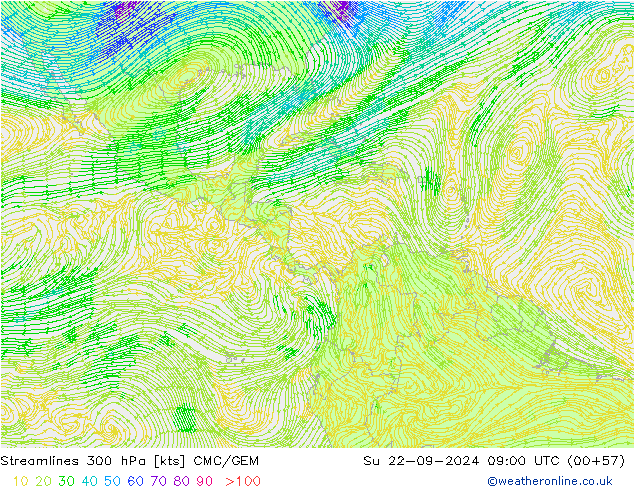 Linia prądu 300 hPa CMC/GEM nie. 22.09.2024 09 UTC