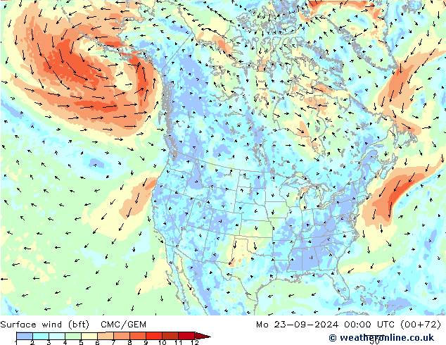 Bodenwind (bft) CMC/GEM Mo 23.09.2024 00 UTC