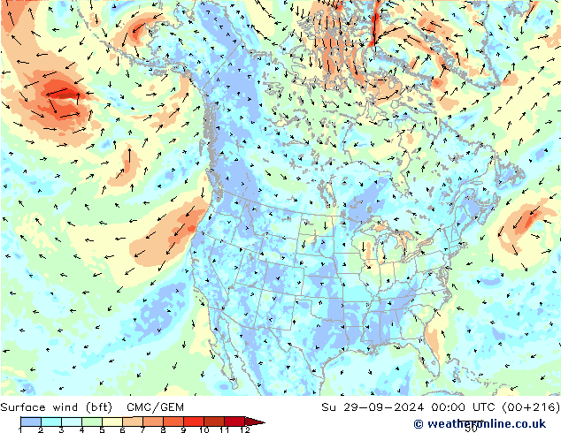 Surface wind (bft) CMC/GEM Su 29.09.2024 00 UTC