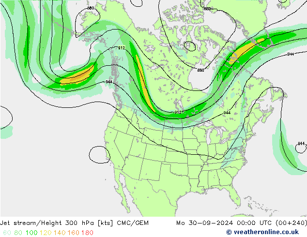 Jet stream/Height 300 hPa CMC/GEM Po 30.09.2024 00 UTC