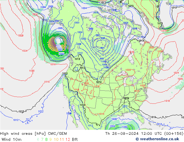 High wind areas CMC/GEM Čt 26.09.2024 12 UTC