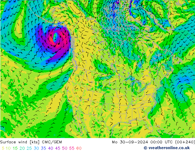 Viento 10 m CMC/GEM lun 30.09.2024 00 UTC