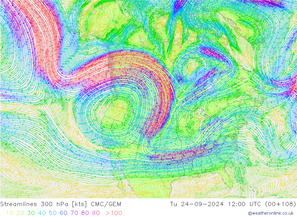 Linia prądu 300 hPa CMC/GEM wto. 24.09.2024 12 UTC