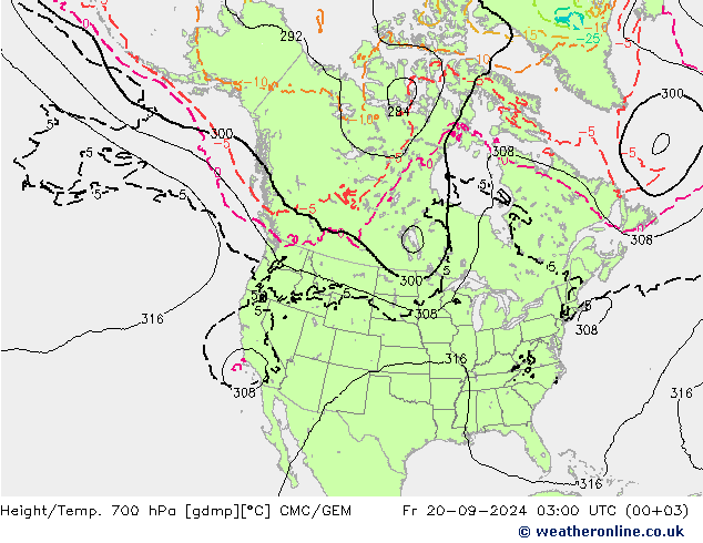 Height/Temp. 700 hPa CMC/GEM Fr 20.09.2024 03 UTC