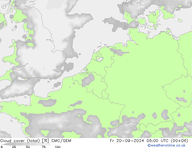 Cloud cover (total) CMC/GEM Fr 20.09.2024 06 UTC