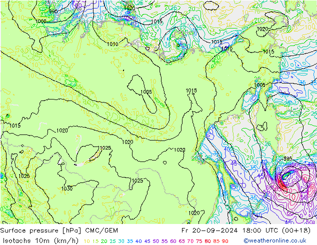 Eşrüzgar Hızları (km/sa) CMC/GEM Cu 20.09.2024 18 UTC