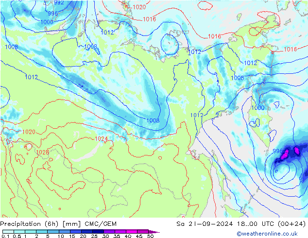 Precipitation (6h) CMC/GEM So 21.09.2024 00 UTC