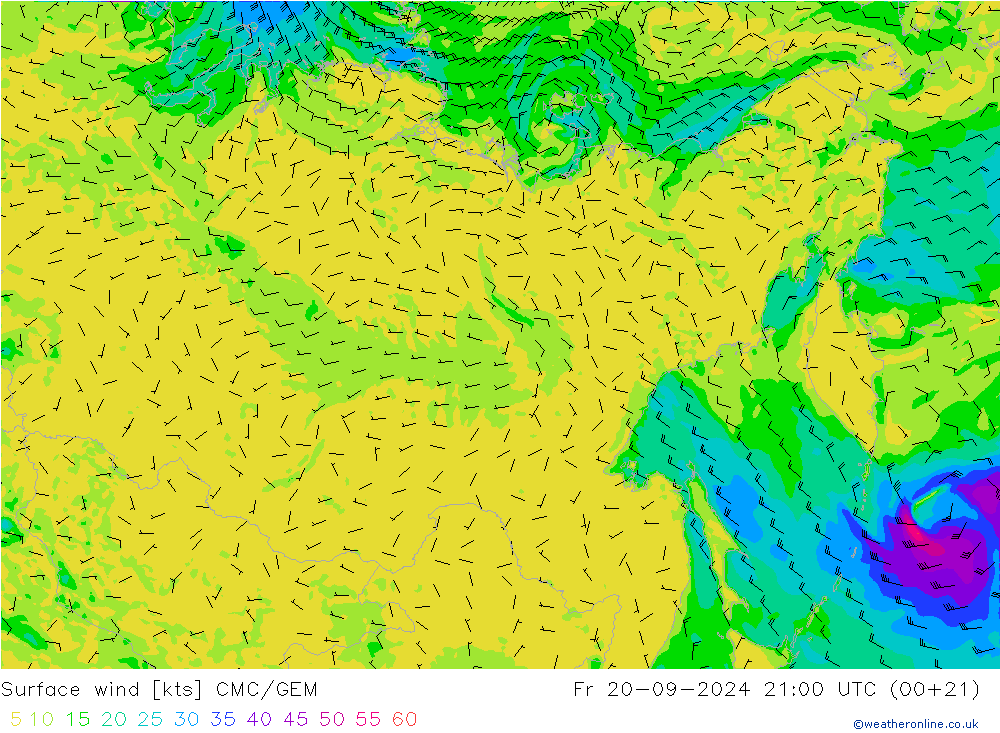 Wind 10 m CMC/GEM vr 20.09.2024 21 UTC