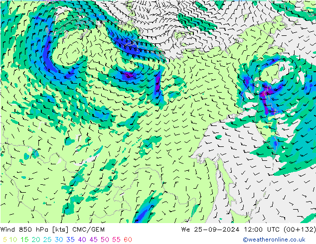 Wind 850 hPa CMC/GEM We 25.09.2024 12 UTC