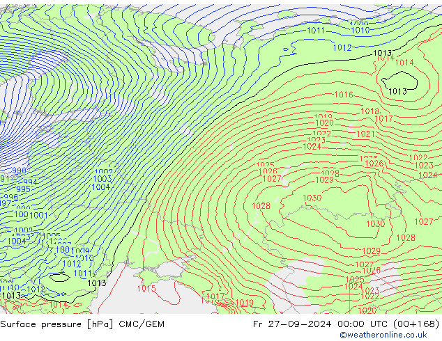 Surface pressure CMC/GEM Fr 27.09.2024 00 UTC