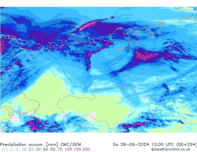 Precipitation accum. CMC/GEM So 28.09.2024 12 UTC