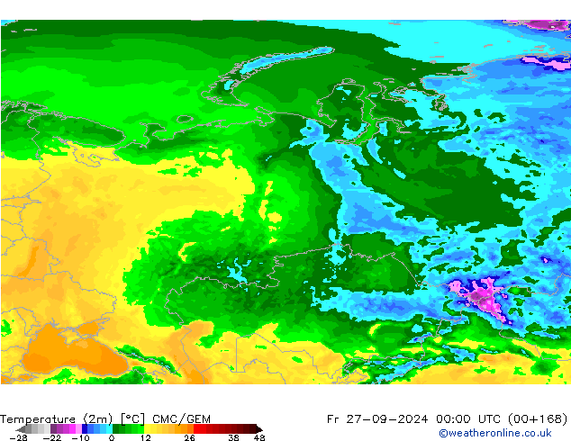 Temperature (2m) CMC/GEM Pá 27.09.2024 00 UTC